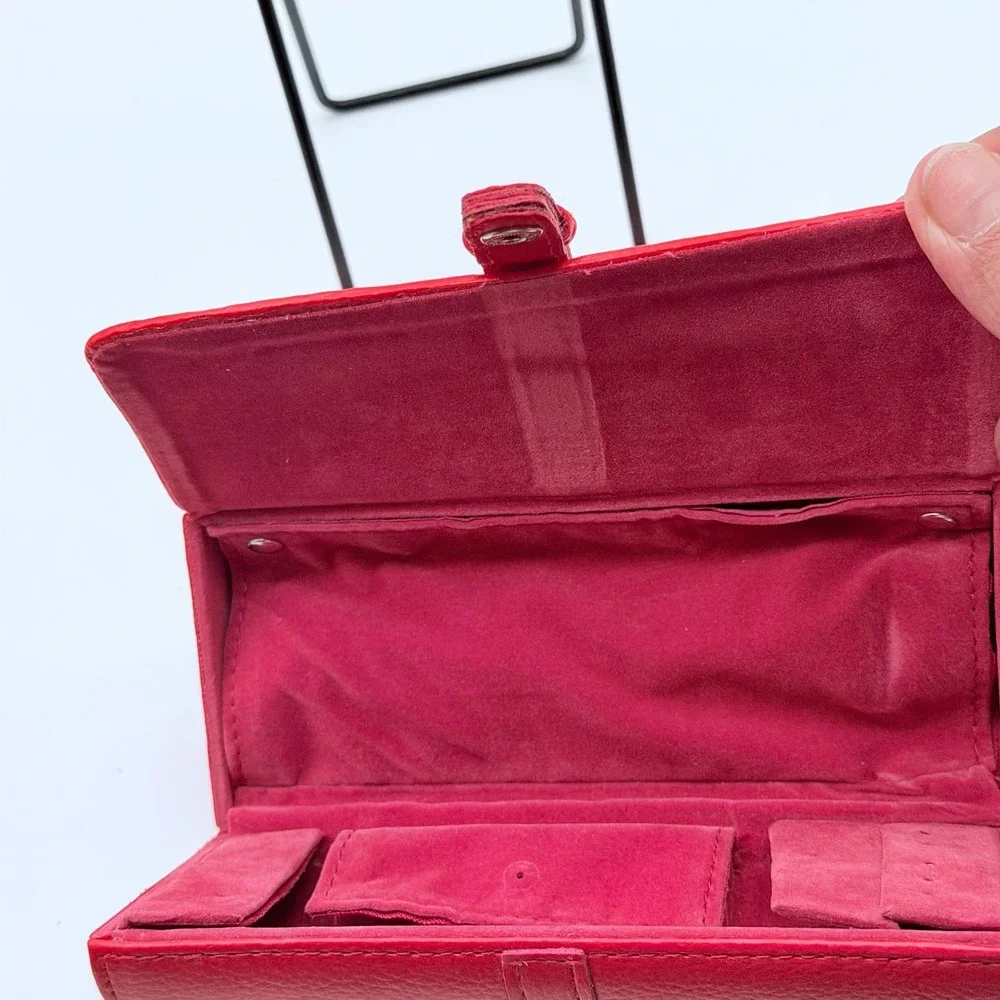 Red Faux Leather Jewely Roll Hard Shell Travel Organizer Case Velvet Interior